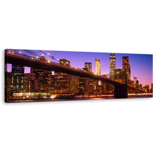 Brooklyn Bridge Canvas Wall Art, Blue Sky Manhattan Skyline Panoramic Canvas Print, New York Freedom Tower Night Canvas Artwork, Brown Cityscape Wide Canvas