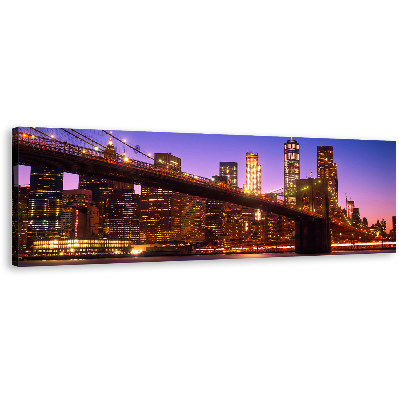 Brooklyn Bridge Canvas Wall Art, Blue Sky Manhattan Skyline Panoramic Canvas Print, New York Freedom Tower Night Canvas Artwork, Brown Cityscape Wide Canvas