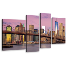 Load image into Gallery viewer, Brooklyn Bridge Canvas Wall Art, Brown New York City 4 Piece Canvas, Pink Sky NYC Cityscape Canvas Print, Downtown Manhattan Multiple Canvas
