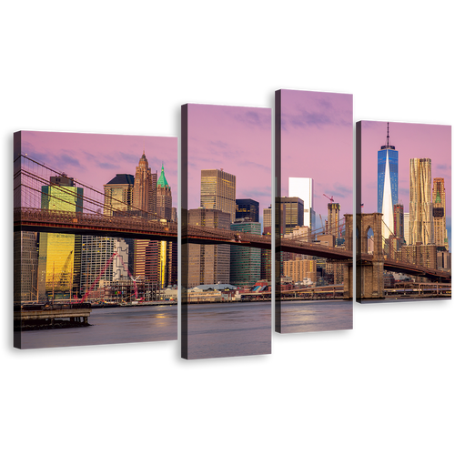 Brooklyn Bridge Canvas Wall Art, Brown New York City 4 Piece Canvas, Pink Sky NYC Cityscape Canvas Print, Downtown Manhattan Multiple Canvas