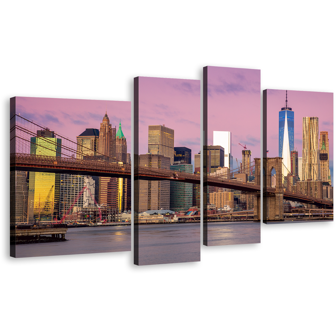 Brooklyn Bridge Canvas Wall Art, Brown New York City 4 Piece Canvas, Pink Sky NYC Cityscape Canvas Print, Downtown Manhattan Multiple Canvas