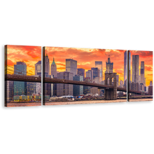 Load image into Gallery viewer, Brooklyn Bridge Canvas Wall Art, Brown New York City Canvas Set, NYC Orange Dramatic Clouds 3 Piece Canvas Print, Wall Street Skyline Multi Canvas
