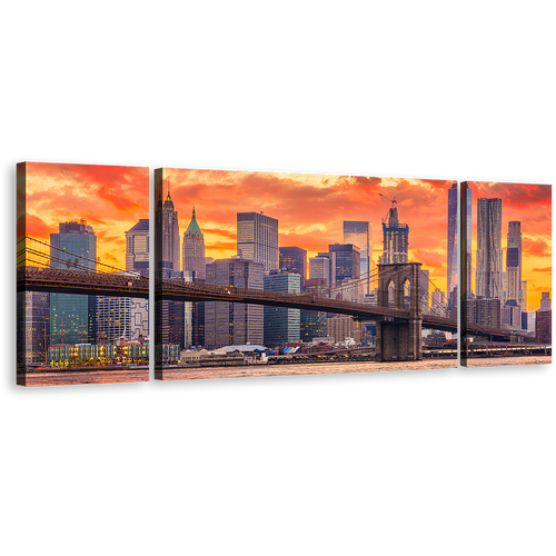 Brooklyn Bridge Canvas Wall Art, Brown New York City Canvas Set, NYC Orange Dramatic Clouds 3 Piece Canvas Print, Wall Street Skyline Multi Canvas