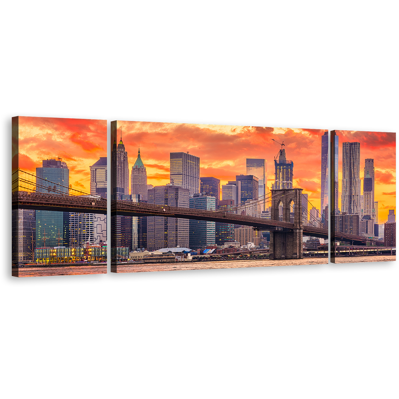 Brooklyn Bridge Canvas Wall Art, Brown New York City Canvas Set, NYC Orange Dramatic Clouds 3 Piece Canvas Print, Wall Street Skyline Multi Canvas