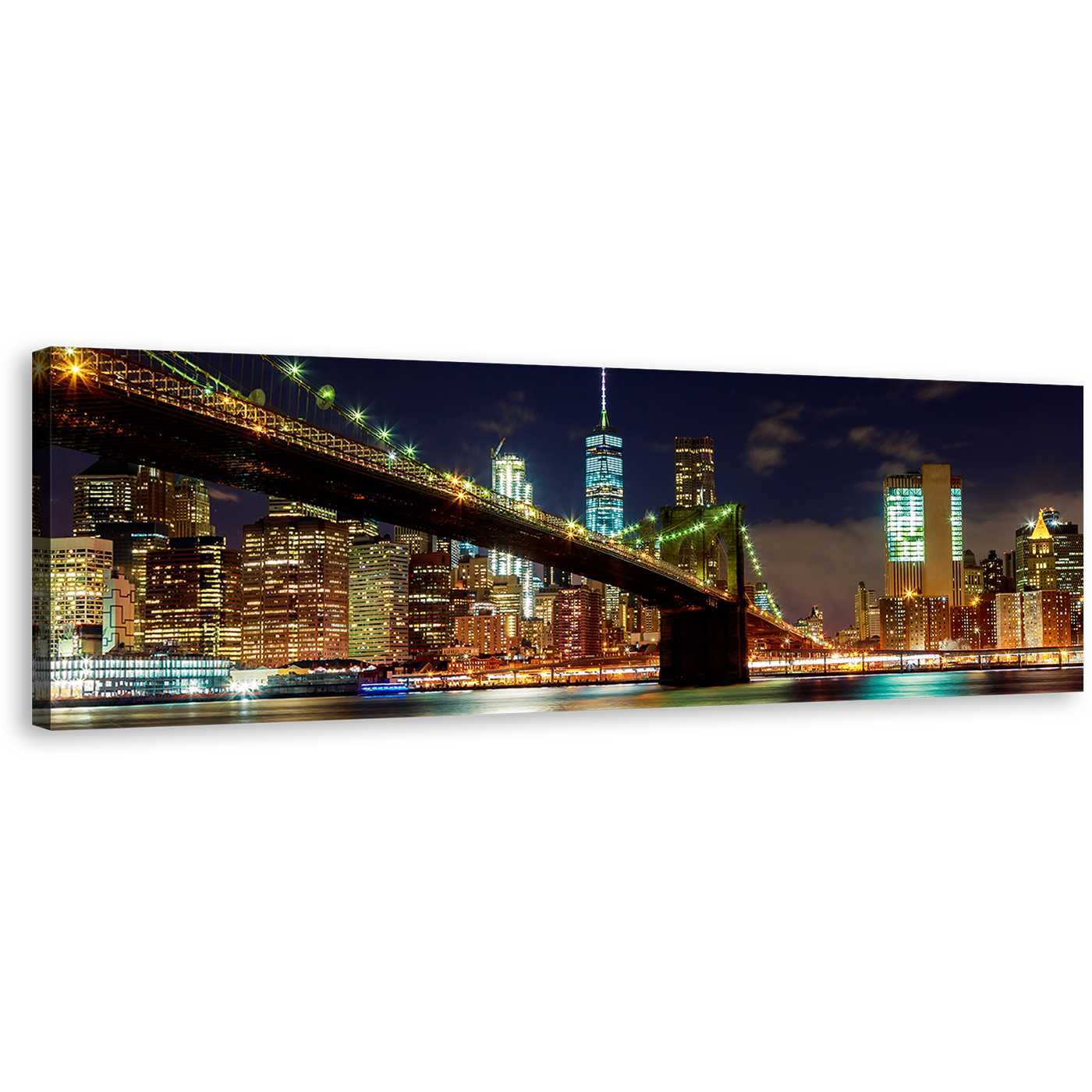 Brooklyn Bridge Canvas Wall Art, Colorful Manhattan Night View 1 Piece Canvas Print, New York City Lights Canvas Artwork