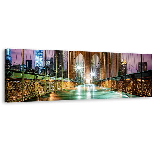 Brooklyn Bridge Canvas Wall Art, Green City Bridge at Night Canvas Artwork, New York City Purple Sky Panoramic Canvas Print