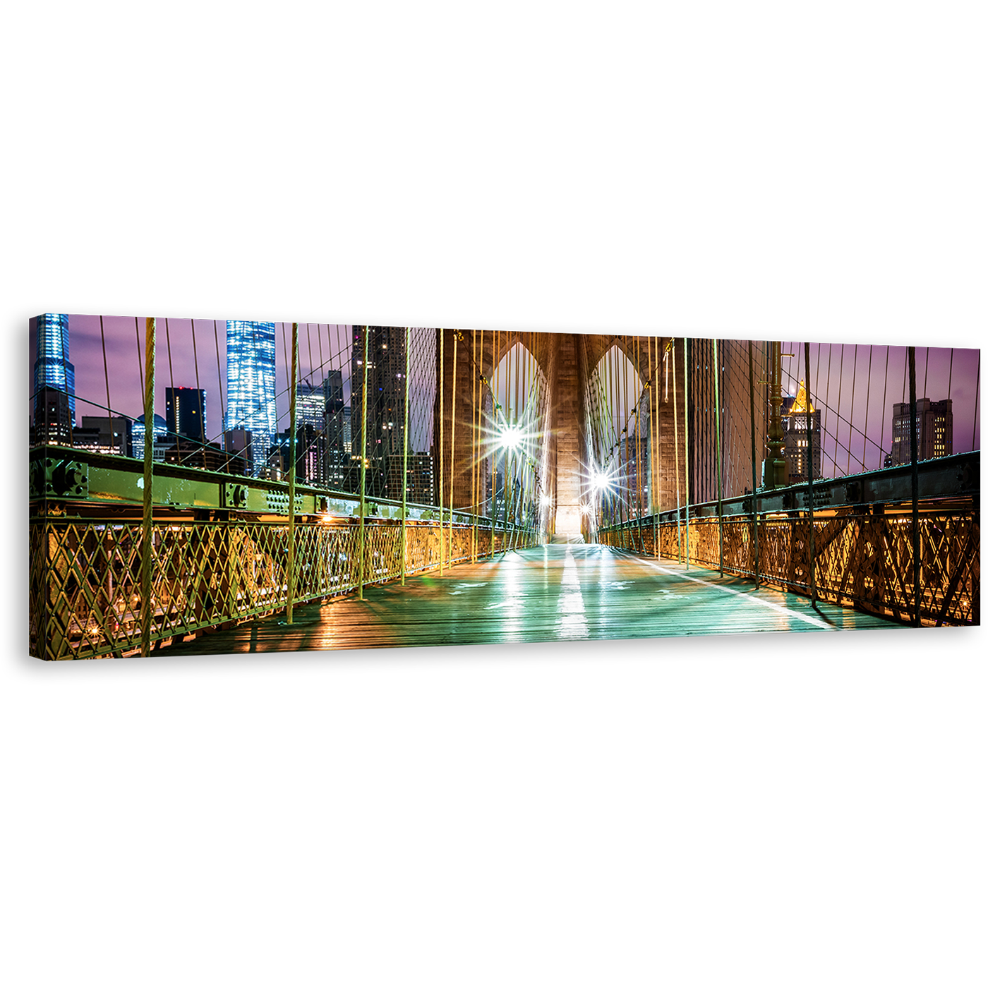 Brooklyn Bridge Canvas Wall Art, Green City Bridge at Night Canvas Artwork, New York City Purple Sky Panoramic Canvas Print