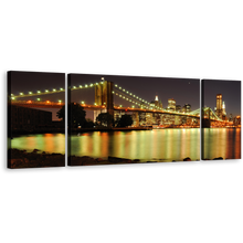 Load image into Gallery viewer, Brooklyn Bridge Canvas Wall Art, Yellow City Bridge Lights 3 Piece Canvas Print, Grey Sky New York Skyline Triptych Multi Canvas Artwork
