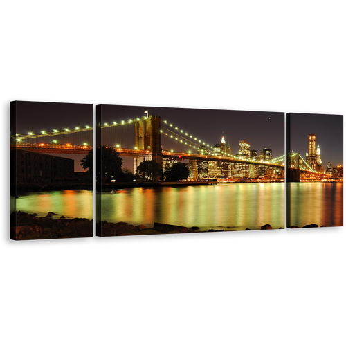 Brooklyn Bridge Canvas Wall Art, Yellow City Bridge Lights 3 Piece Canvas Print, Grey Sky New York Skyline Triptych Multi Canvas Artwork