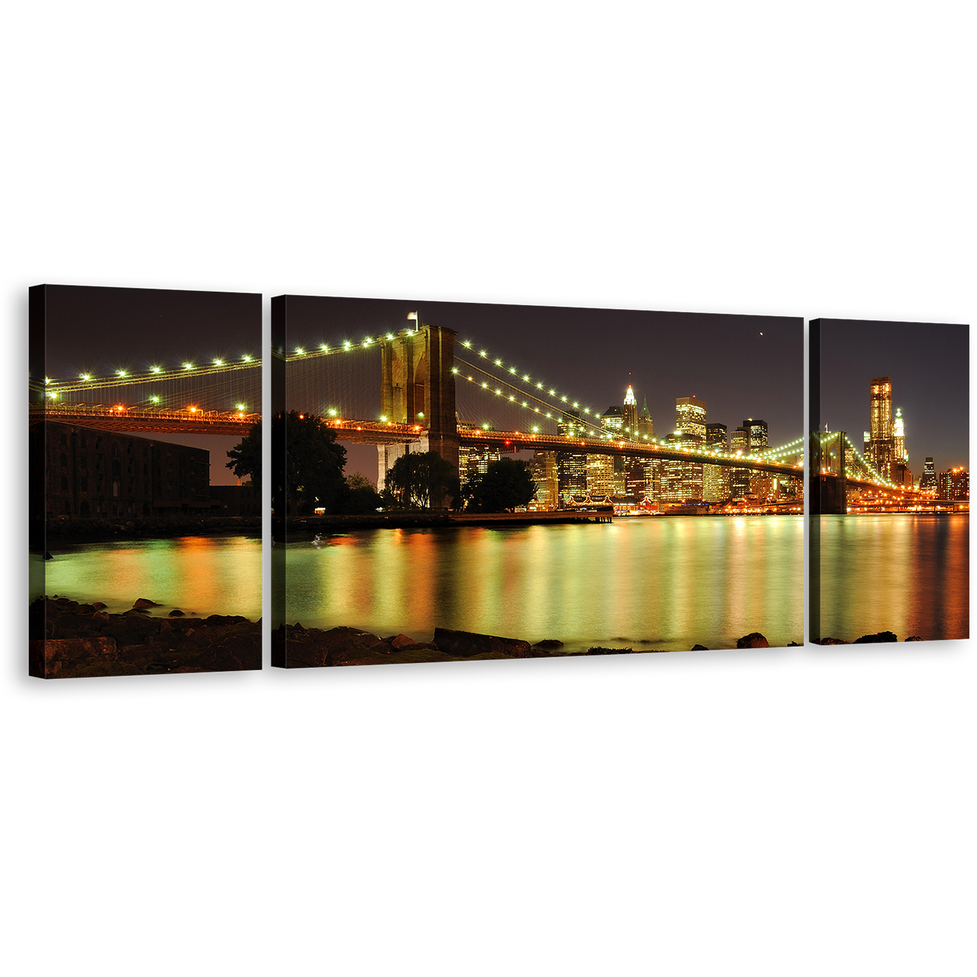 Brooklyn Bridge Canvas Wall Art, Yellow City Bridge Lights 3 Piece Canvas Print, Grey Sky New York Skyline Triptych Multi Canvas Artwork