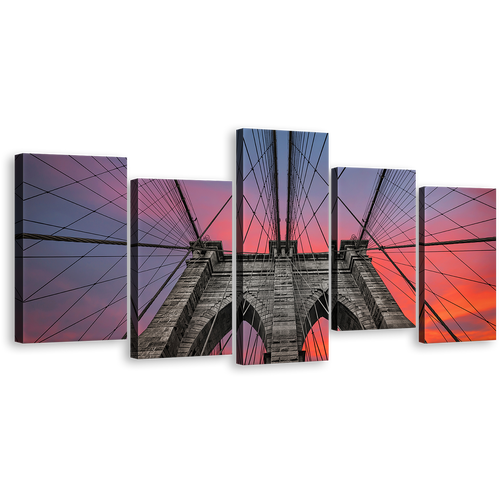 Brooklyn Bridge Wall Art, Beautiful Orange Grey Sky Canvas Print, NYC Bridge At Sunset 5 Piece Multi Canvas