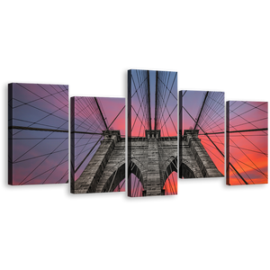 Brooklyn Bridge Wall Art, Beautiful Orange Grey Sky Canvas Print, NYC Bridge At Sunset 5 Piece Multi Canvas