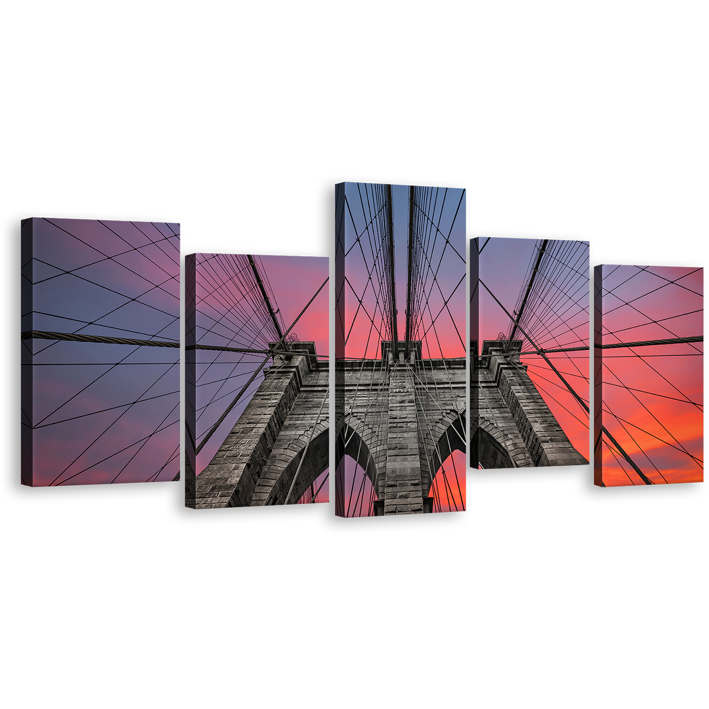 Brooklyn Bridge Wall Art, Beautiful Orange Grey Sky Canvas Print, NYC Bridge At Sunset 5 Piece Multi Canvas