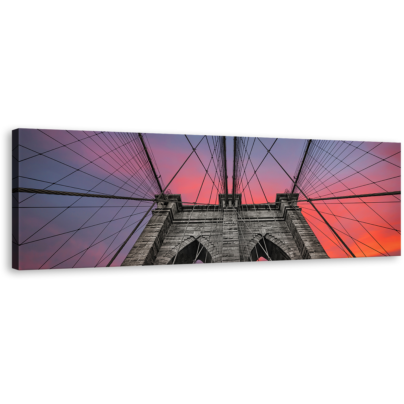 Brooklyn Bridge Wall Art, NYC Bridge At Sunset Panoramic Canvas Art, Beautiful Orange Grey Sky 1 Piece Canvas Print