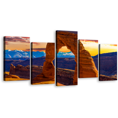 Brown Desert Canvas Wall Art, Utah Desert Mountains 5 Piece Canvas Print, Orange Sky Arches National Park Sunset Canvas Set