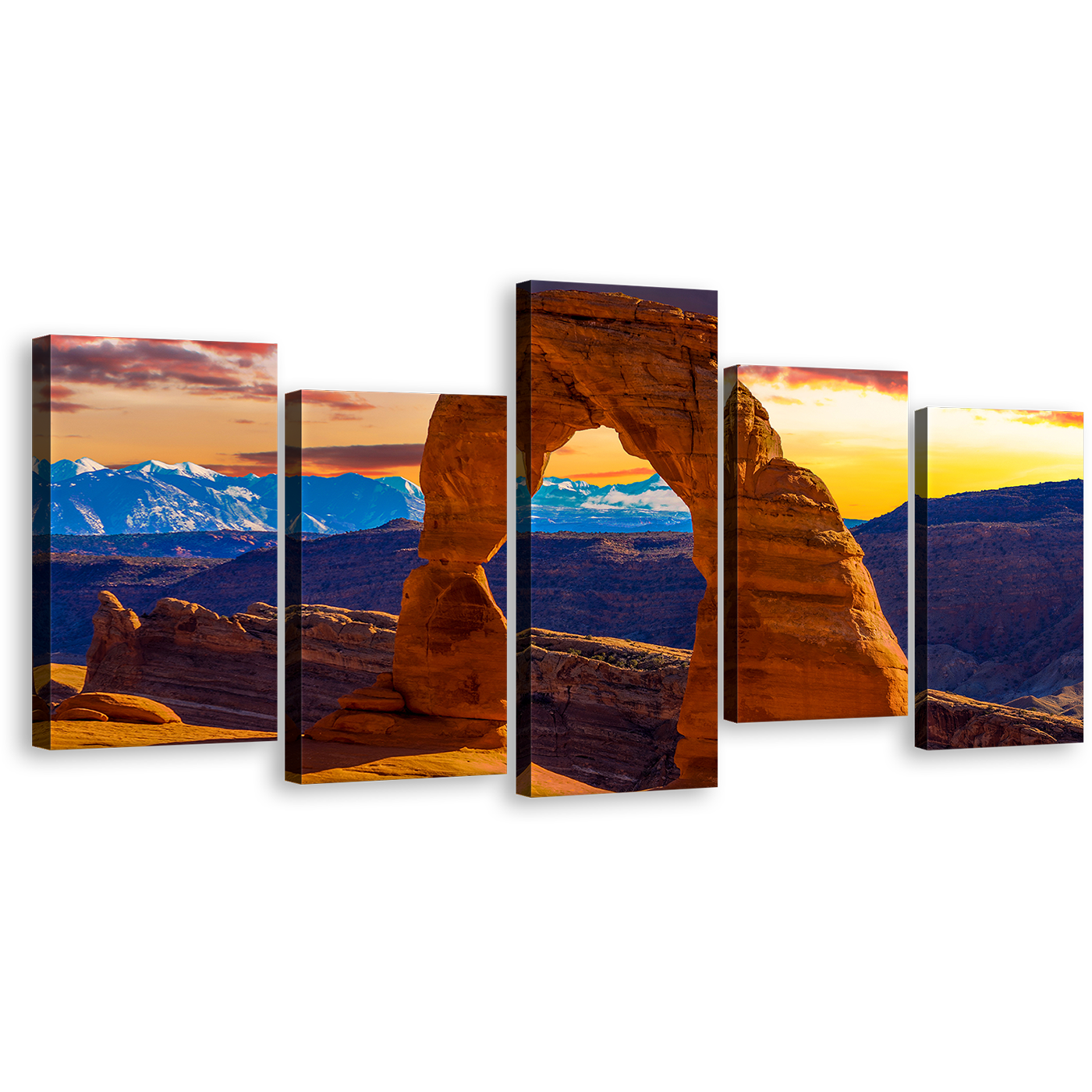 Brown Desert Canvas Wall Art, Utah Desert Mountains 5 Piece Canvas Print, Orange Sky Arches National Park Sunset Canvas Set