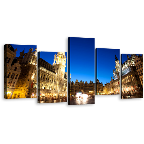 Brussels Belgium Canvas Wall Art, Grote Markt Canvas Print, Yellow Grand Place 5 Piece Canvas Set, Blue Sky City Skyline Multiple Canvas Artwork