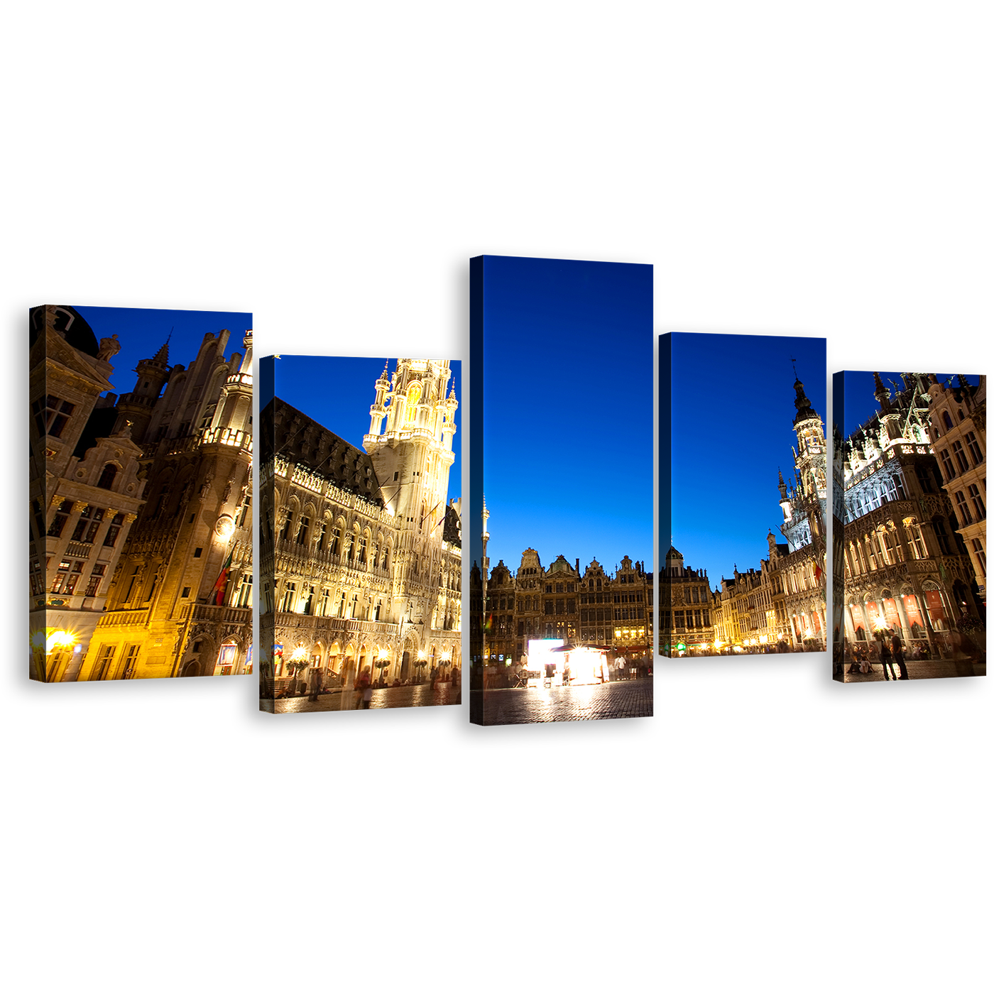 Brussels Belgium Canvas Wall Art, Grote Markt Canvas Print, Yellow Grand Place 5 Piece Canvas Set, Blue Sky City Skyline Multiple Canvas Artwork