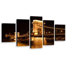 Load image into Gallery viewer, Budapest City Wall Art, Amazing Black Danube River City Bridge Canvas Set, Széchenyi Gold Chain Bridge 5 Piece Canvas Print
