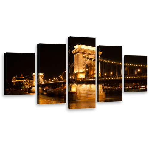 Budapest City Wall Art, Amazing Black Danube River City Bridge Canvas Set, Széchenyi Gold Chain Bridge 5 Piece Canvas Print