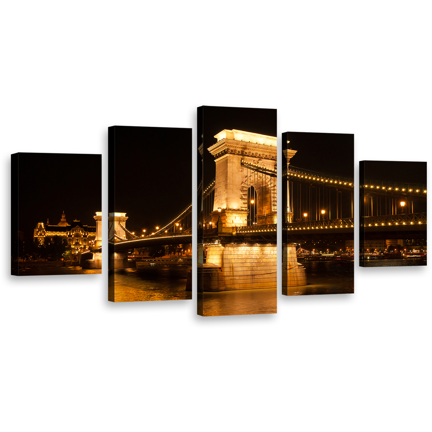 Budapest City Wall Art, Amazing Black Danube River City Bridge Canvas Set, Széchenyi Gold Chain Bridge 5 Piece Canvas Print