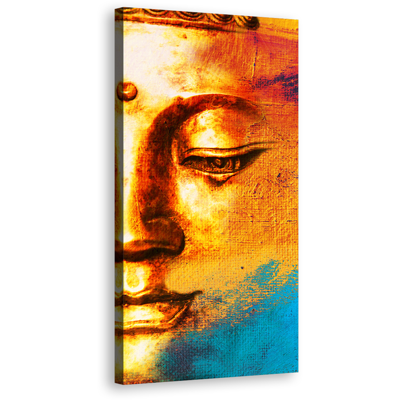 Buddha Abstract Canvas Wall Art, Golden Buddha Face Canvas Artwork, Yellow Buddha Close Up 1 Piece Vertical Canvas Print