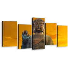 Load image into Gallery viewer, Buddha Blessing Canvas Print, Yellow Sunset Buddha Multi Canvas, Brown Big Brown Buddha Statue 5 Piece Canvas
