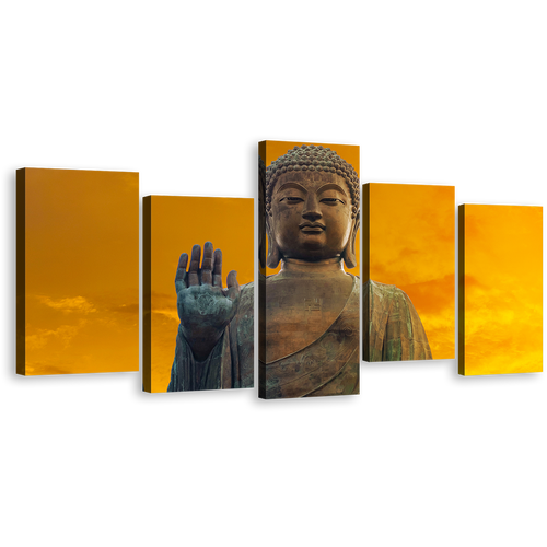 Buddha Blessing Canvas Print, Yellow Sunset Buddha Multi Canvas, Brown Big Brown Buddha Statue 5 Piece Canvas