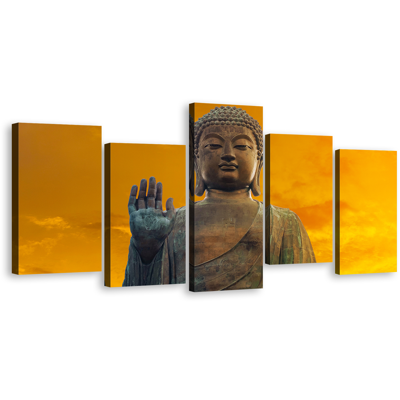 Buddha Blessing Canvas Print, Yellow Sunset Buddha Multi Canvas, Brown Big Brown Buddha Statue 5 Piece Canvas