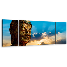 Load image into Gallery viewer, Buddha Face Canvas Print, Blue Sky Buddha Statue Canvas Set, Brown Buddha 3 Piece Canvas Wall Art
