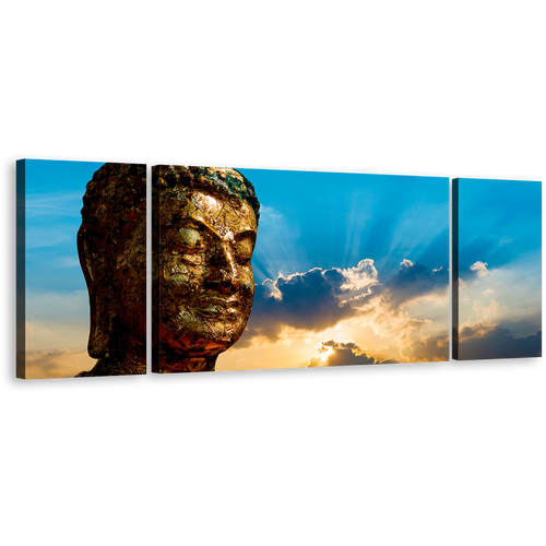 Buddha Face Canvas Print, Blue Sky Buddha Statue Canvas Set, Brown Buddha 3 Piece Canvas Wall Art