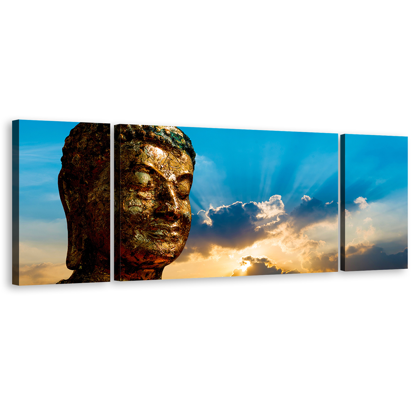 Buddha Face Canvas Print, Blue Sky Buddha Statue Canvas Set, Brown Buddha 3 Piece Canvas Wall Art