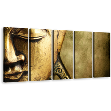 Load image into Gallery viewer, Buddha Face Canvas Print, Gold Statue Close Up Mind and Soul 5 Piece Wall Art, Yellow Peaceful Buddha Multi Canvas
