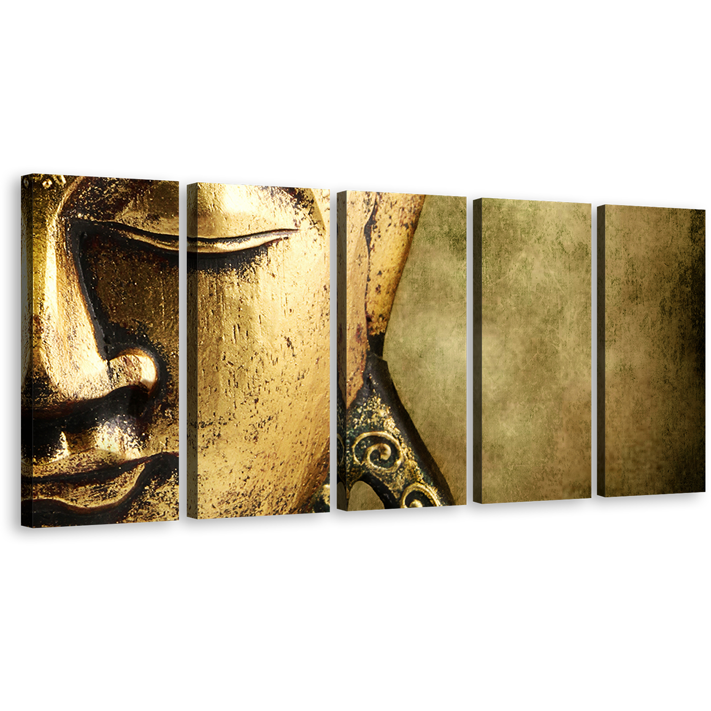 Buddha Face Canvas Print, Gold Statue Close Up Mind and Soul 5 Piece Wall Art, Yellow Peaceful Buddha Multi Canvas