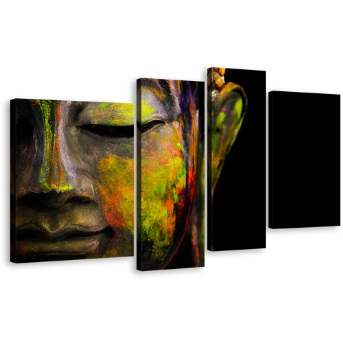 Buddha Face Canvas Wall Art, Buddha Meditation Close Up Canvas Print, Colorful Peaceful Buddha 4 Piece Multi Canvas