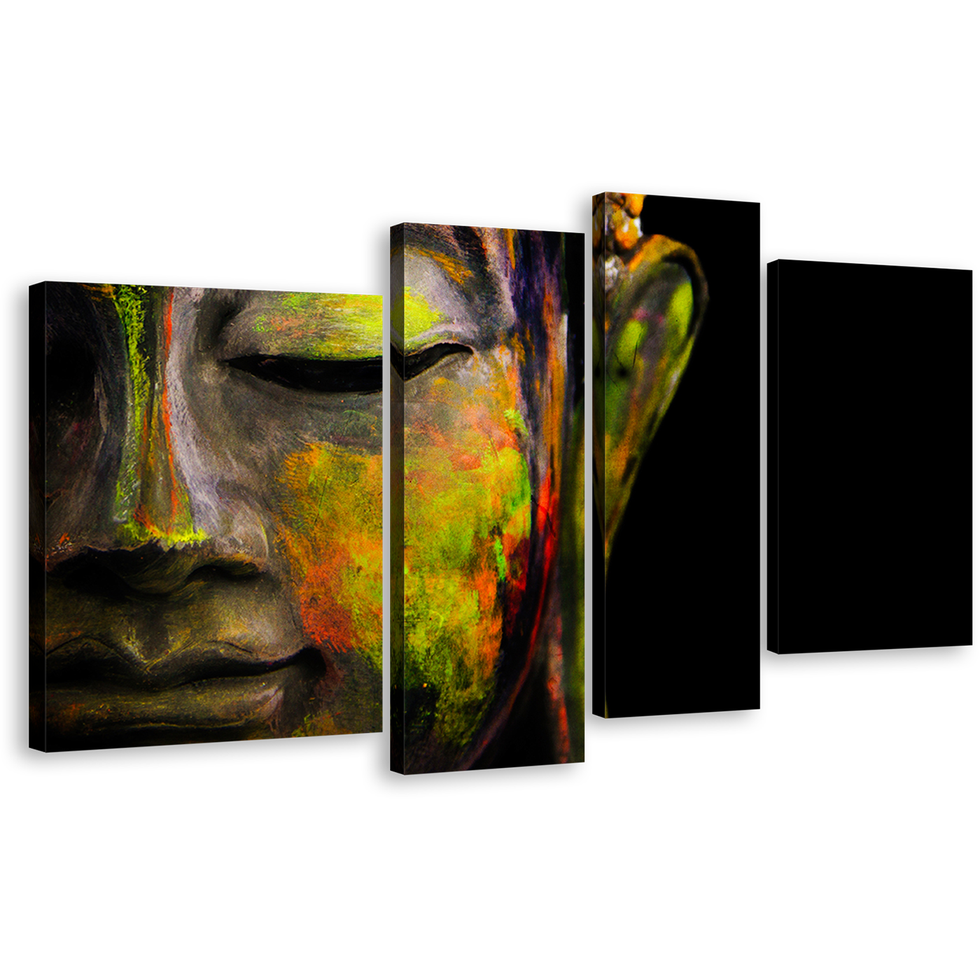 Buddha Face Canvas Wall Art, Buddha Meditation Close Up Canvas Print, Colorful Peaceful Buddha 4 Piece Multi Canvas