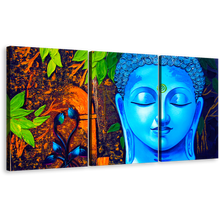 Load image into Gallery viewer, Buddha Face Canvas Wall Art, Buddha Mind Soul 3 Piece Canvas Print, Blue Buddha Meditation Multi Canvas Artwork
