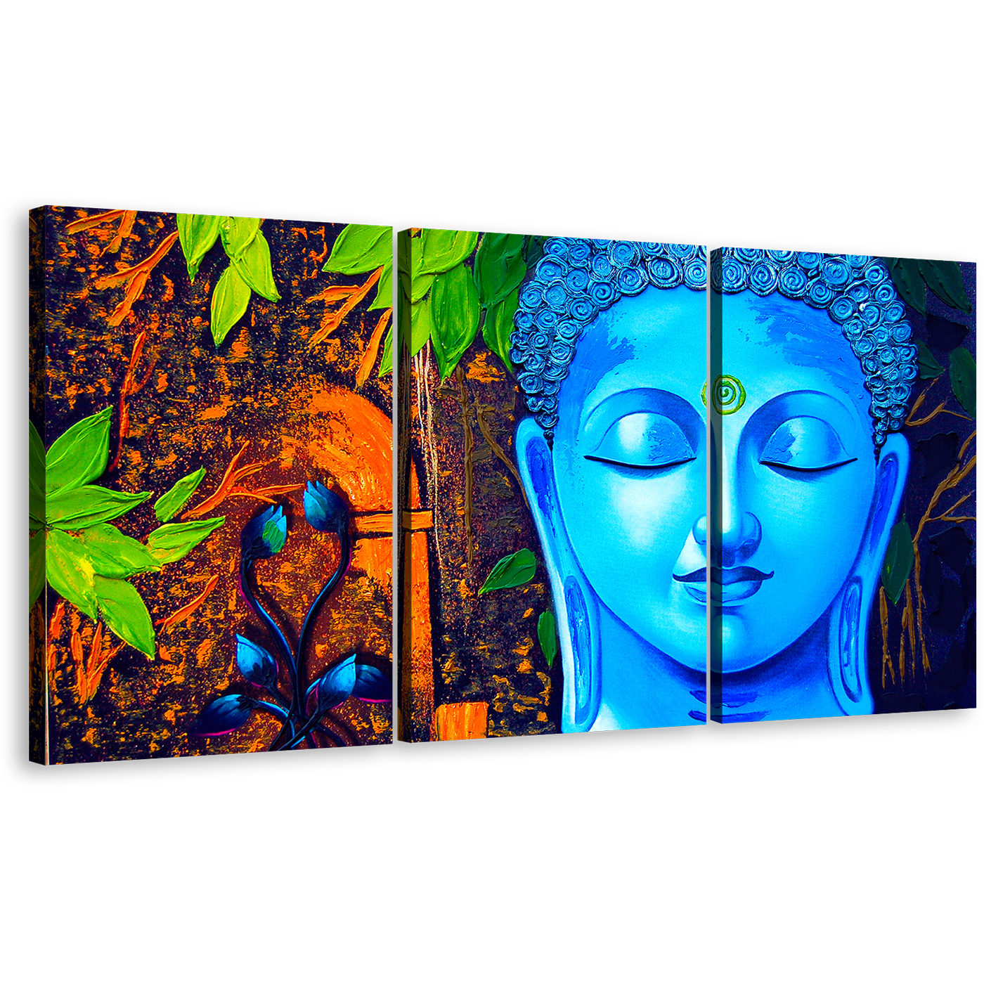 Buddha Face Canvas Wall Art, Buddha Mind Soul 3 Piece Canvas Print, Blue Buddha Meditation Multi Canvas Artwork