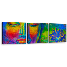 Load image into Gallery viewer, Buddha Face Canvas Wall Art, Colorful Buddha Canvas Set, Head of Lord Buddha 3 Piece Canvas Print
