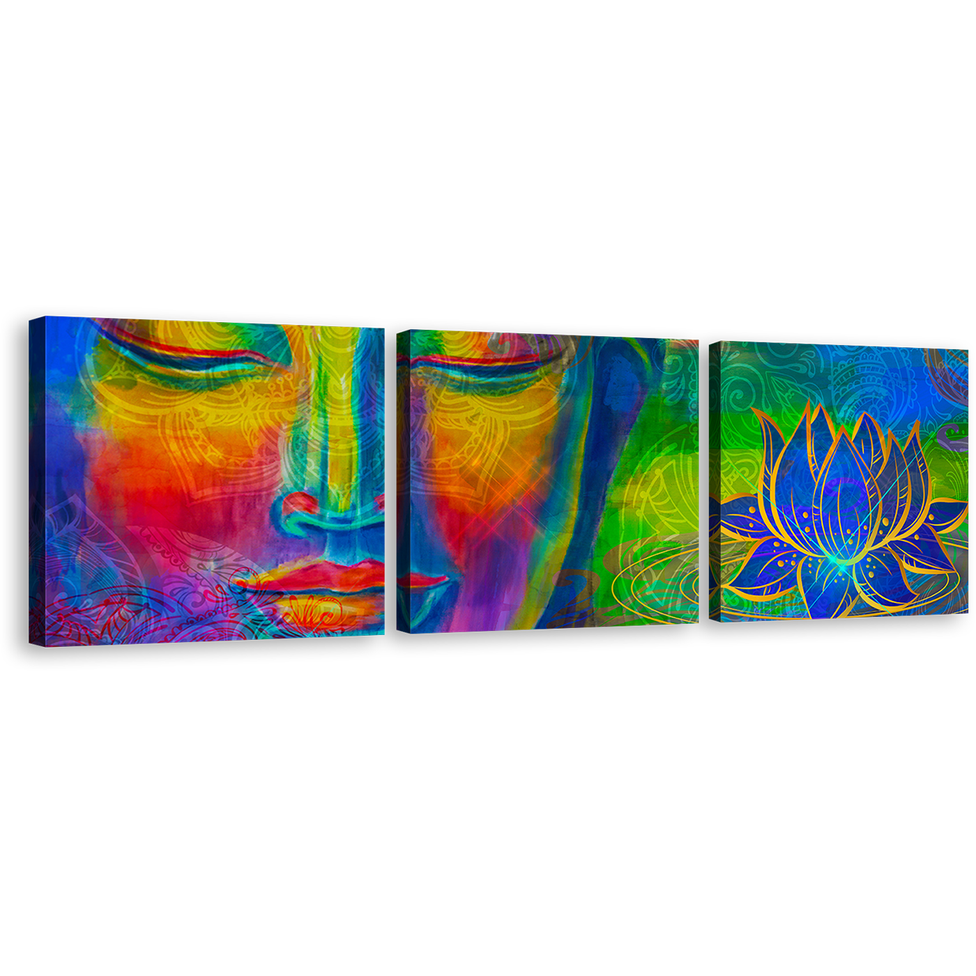 Buddha Face Canvas Wall Art, Colorful Buddha Canvas Set, Head of Lord Buddha 3 Piece Canvas Print