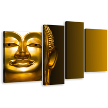 Load image into Gallery viewer, Buddha Face Canvas Wall Art, Gold Buddha Statue Canvas Set, Yellow Background Lord Buddha 4 Piece Multi Canvas
