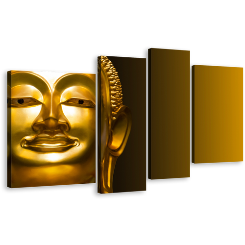 Buddha Face Canvas Wall Art, Gold Buddha Statue Canvas Set, Yellow Background Lord Buddha 4 Piece Multi Canvas