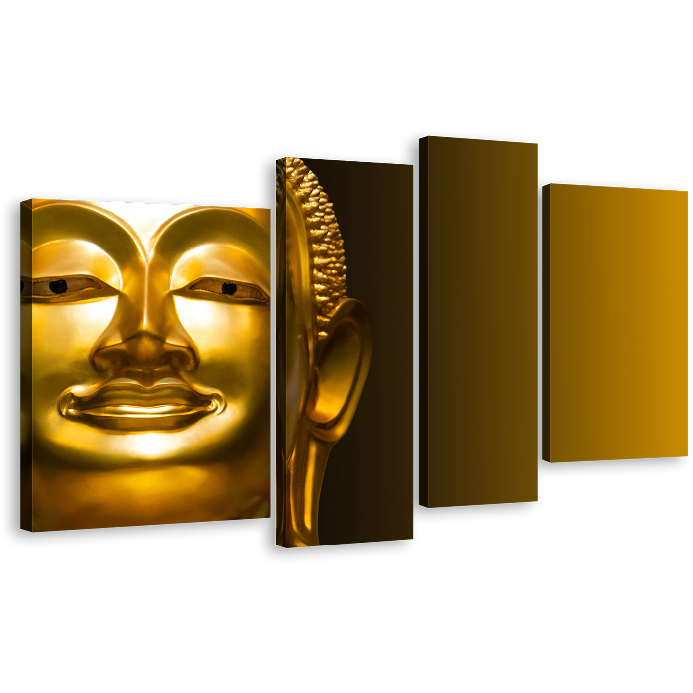 Buddha Face Canvas Wall Art, Gold Buddha Statue Canvas Set, Yellow Background Lord Buddha 4 Piece Multi Canvas