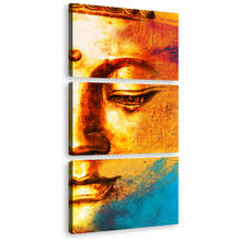 Load image into Gallery viewer, Buddha Face Canvas Wall Art, Golden Buddha Close Up Triptych Canvas Print, Yellow Blue Buddha Abstract 3 Piece Canvas
