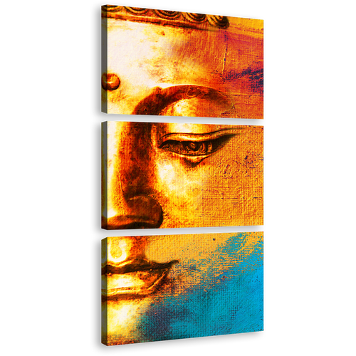 Buddha Face Canvas Wall Art, Golden Buddha Close Up Triptych Canvas Print, Yellow Blue Buddha Abstract 3 Piece Canvas