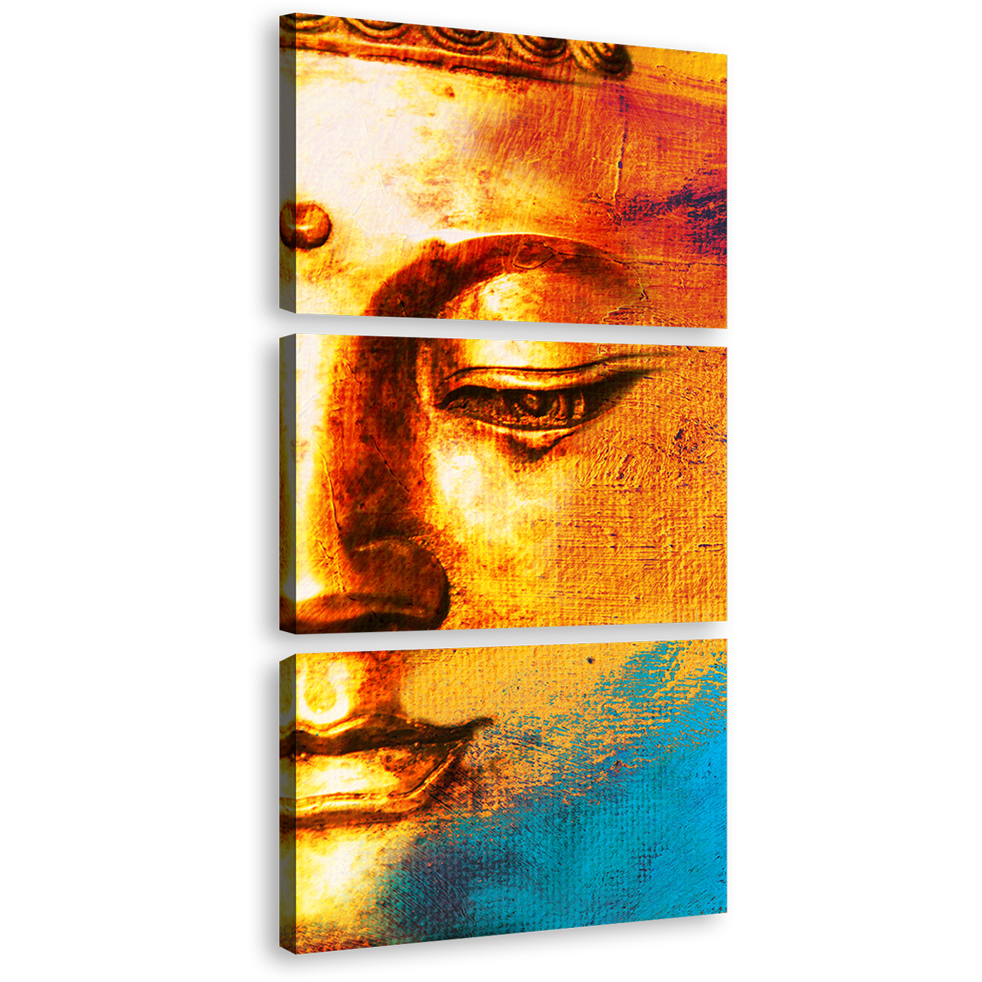 Buddha Face Canvas Wall Art, Golden Buddha Close Up Triptych Canvas Print, Yellow Blue Buddha Abstract 3 Piece Canvas