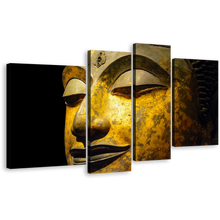 Load image into Gallery viewer, Buddha Face Canvas Wall Art, Peaceful Buddha 4 Piece Canvas Print, Yellow Grey Buddha Close Up Multiple Canvas
