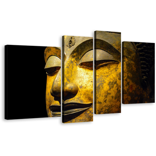 Buddha Face Canvas Wall Art, Peaceful Buddha 4 Piece Canvas Print, Yellow Grey Buddha Close Up Multiple Canvas