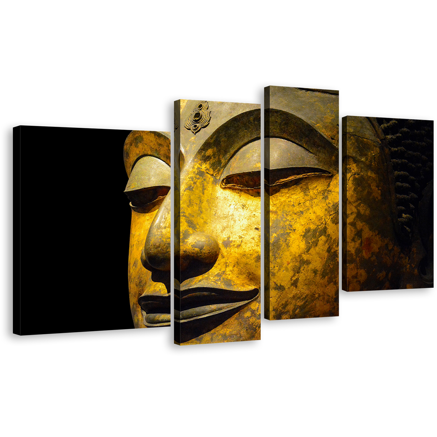 Buddha Face Canvas Wall Art, Peaceful Buddha 4 Piece Canvas Print, Yellow Grey Buddha Close Up Multiple Canvas