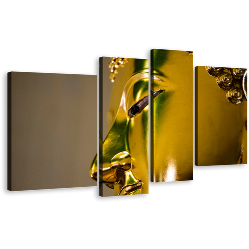 Buddha Face Canvas Wall Art, Statue Close Up Canvas Print, Gold Buddha Mind and Soul Canvas Set, Yellow Peaceful Buddha 4 Piece Canvas